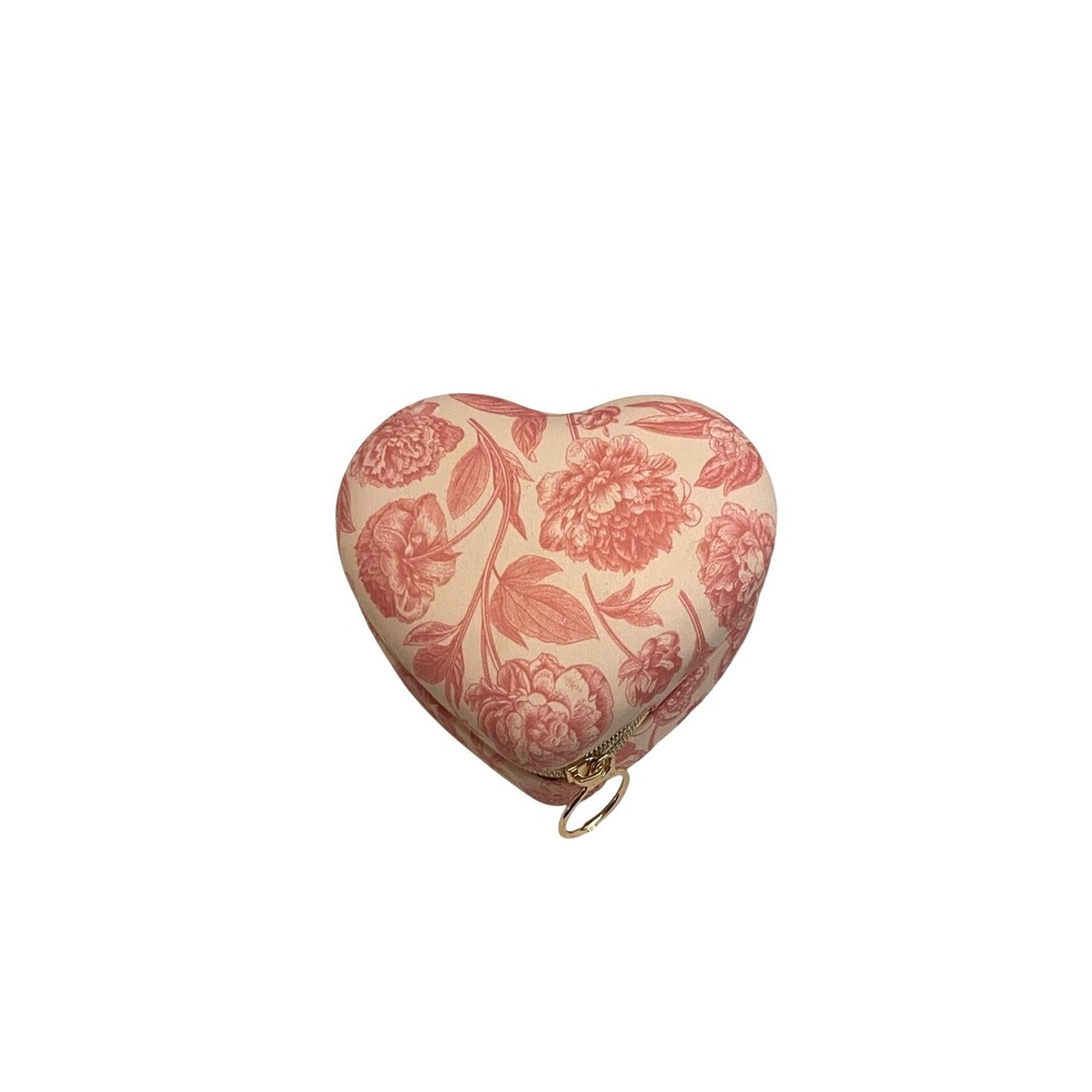 Heart Shaped Floral Toile Travel Jewelry Case Pink Cream Zippered Organizer